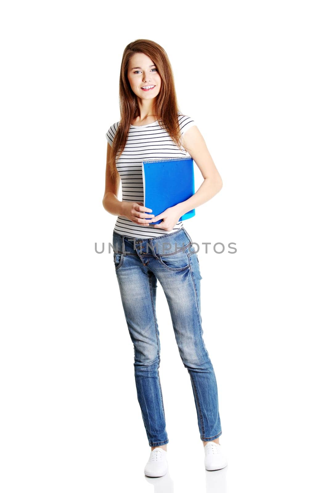 Happy student woman with notebooks, isoalted on white background