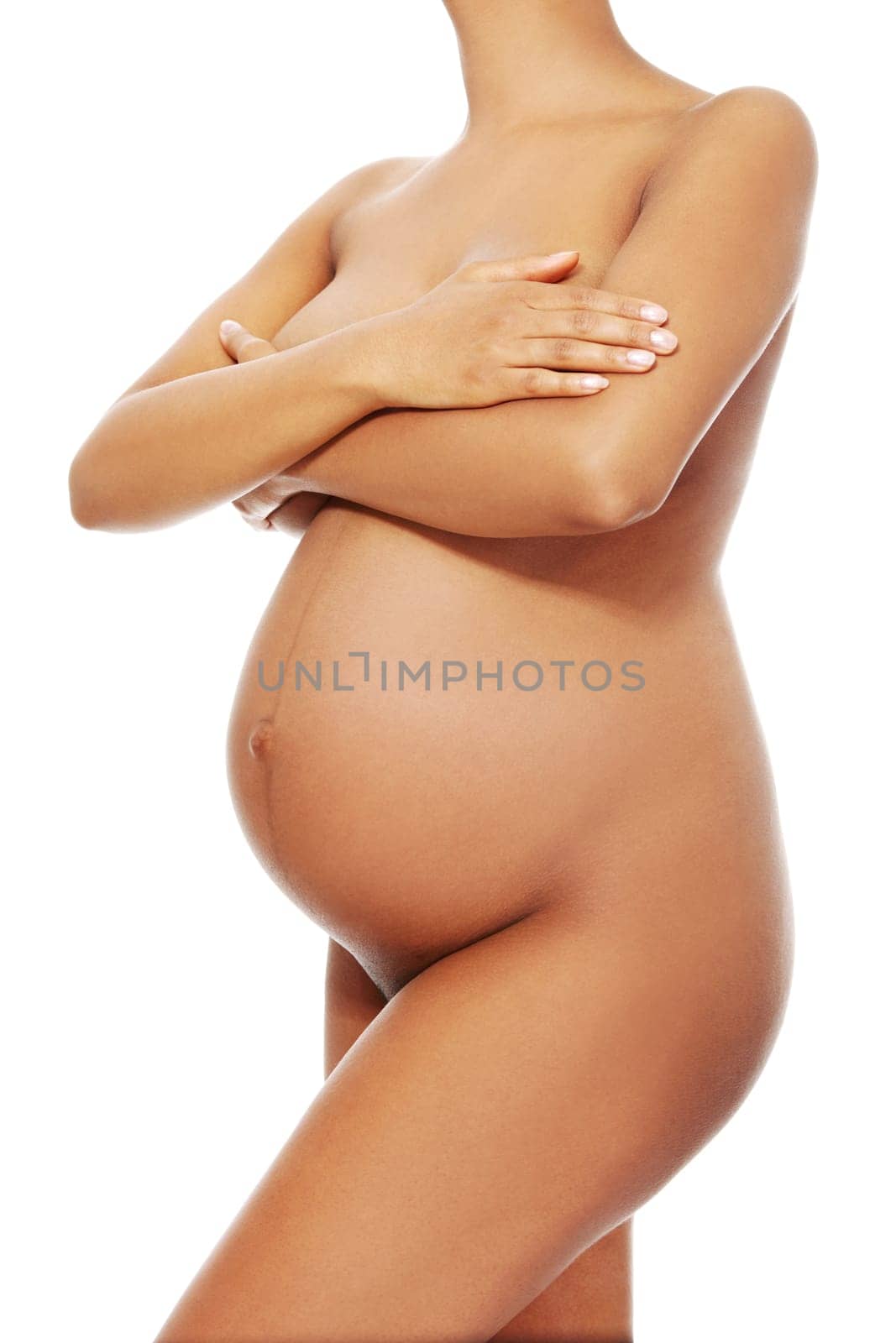Pregnant woman body, over white background