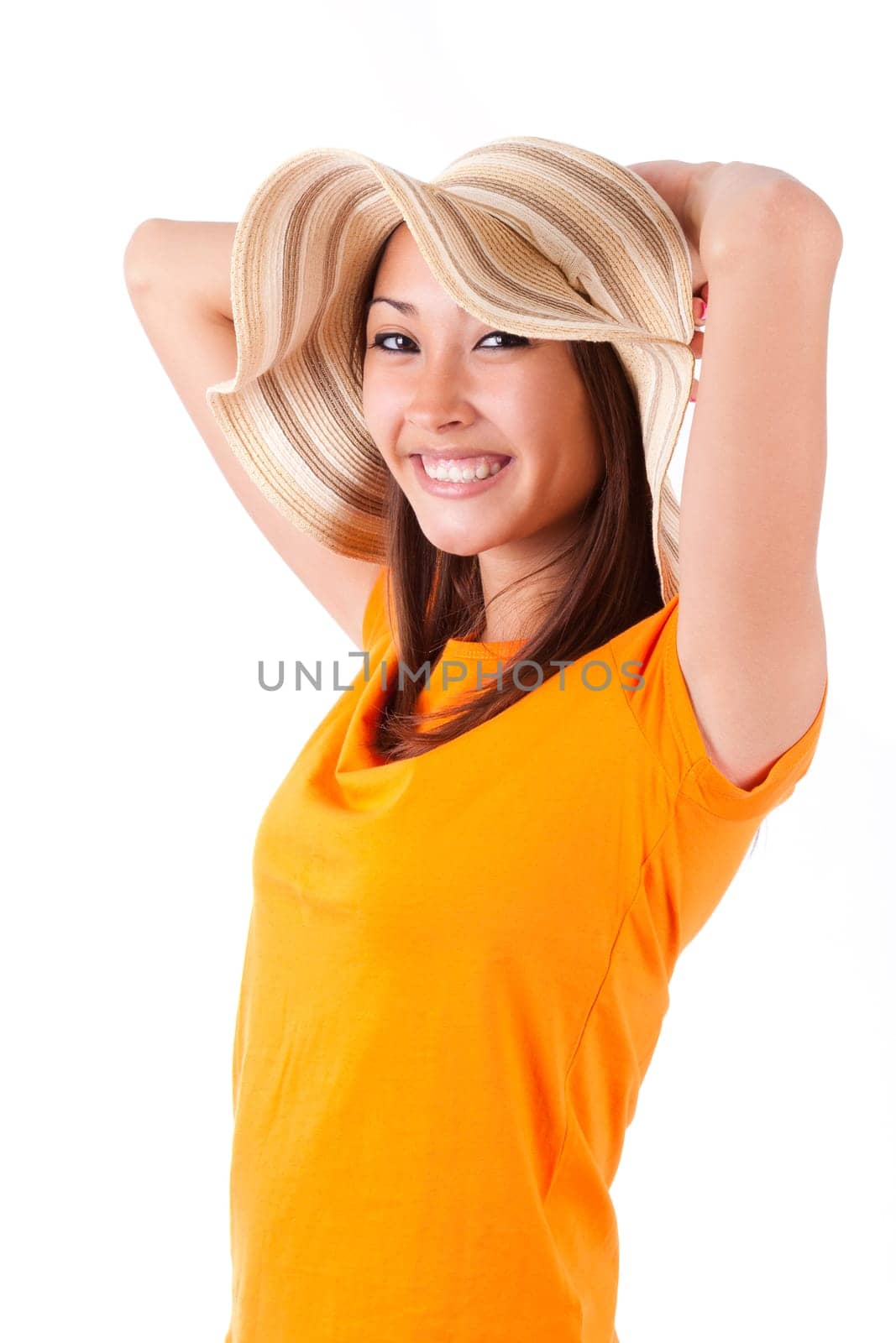 Portrait of a young beautiful asian woman in summer clothes isolated on white background - Asian people