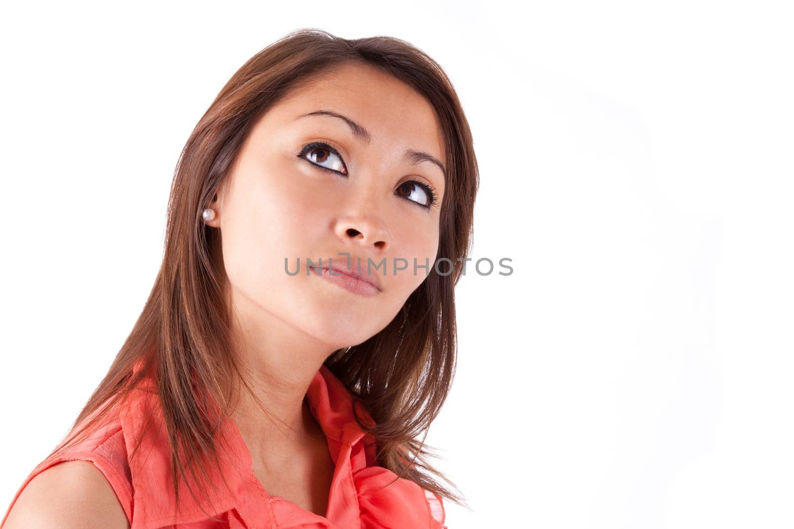 Portrait of a young beautiful asian woman looking up isolated on white background - Asian people