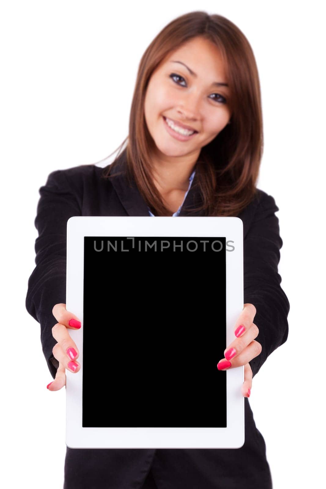 Portrait of a young beautiful asian  business woman holding a tablet pc  isolated on white background - Asian people