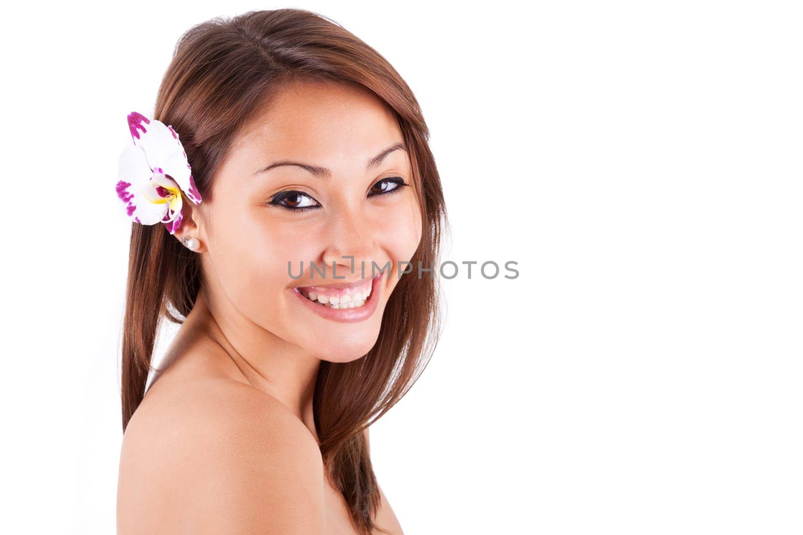Headshot portrait of a young beautiful asian woman isolated on white background - Asian people