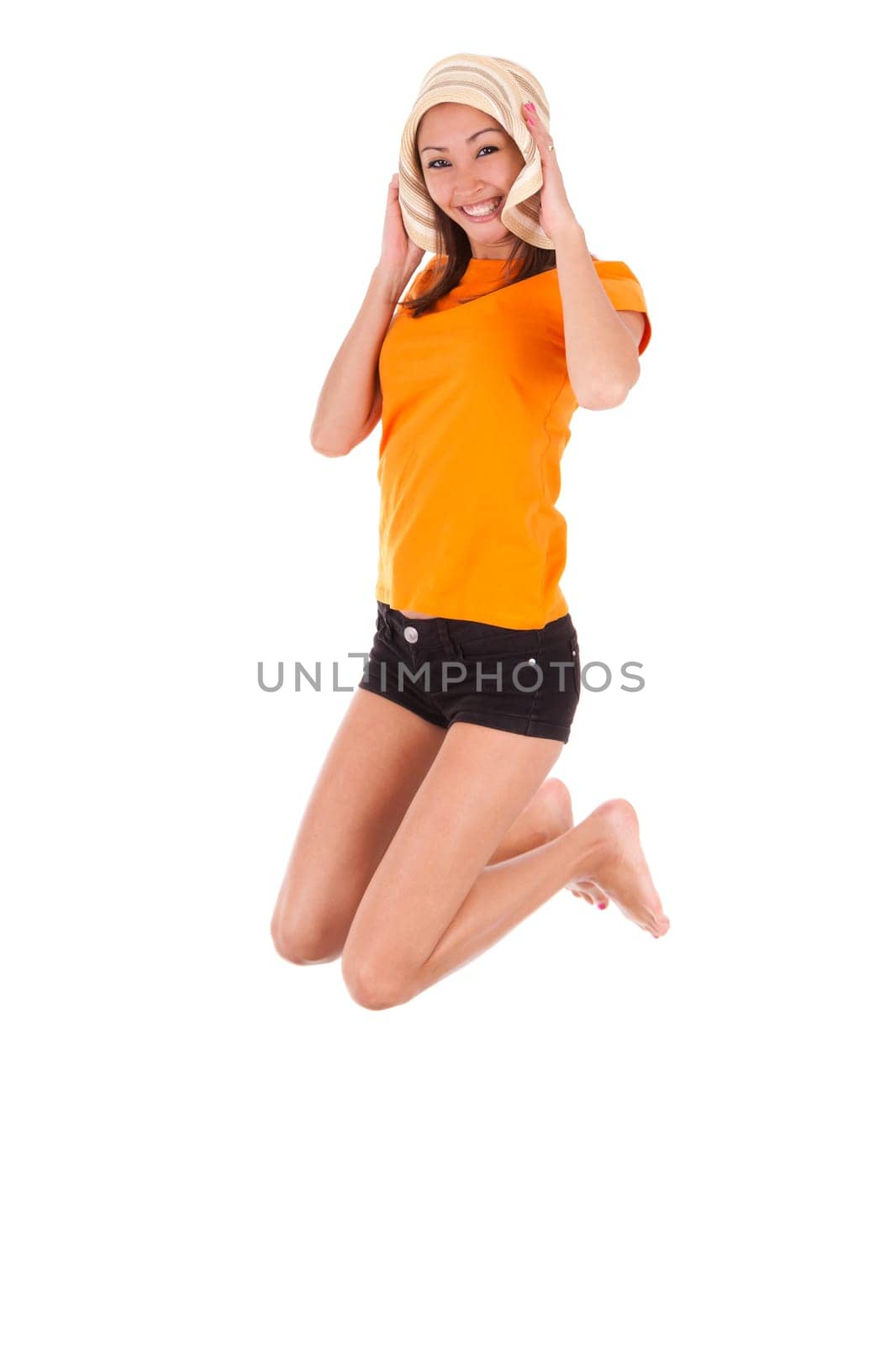 Young beautiful asian woman jumping of joy, isolated on white background - Asian people