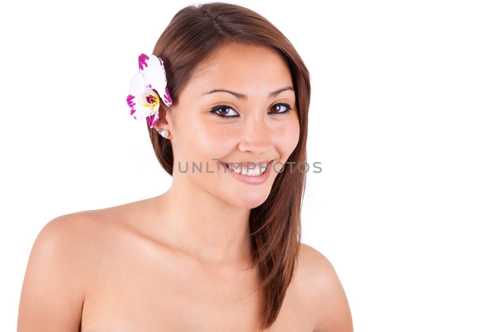 Headshot portrait of a young beautiful asian woman isolated on white background - Asian people