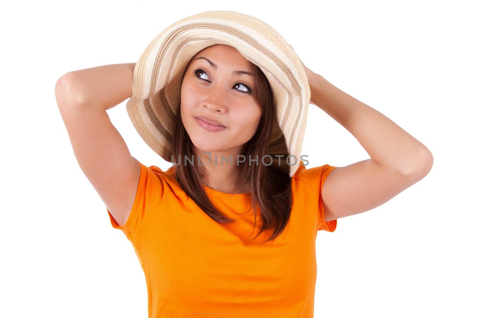 Portrait of a young beautiful asian woman in summer clothes isolated on white background - Asian people