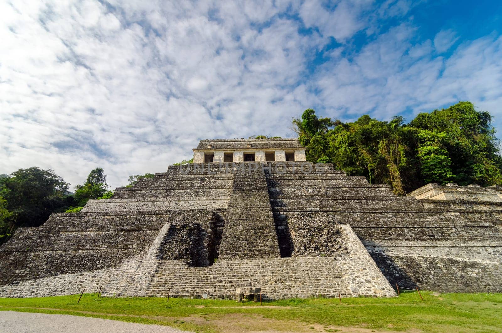 A straight on view of the Temple of Inscriptions at Palenque in Chiapas, Mexico
