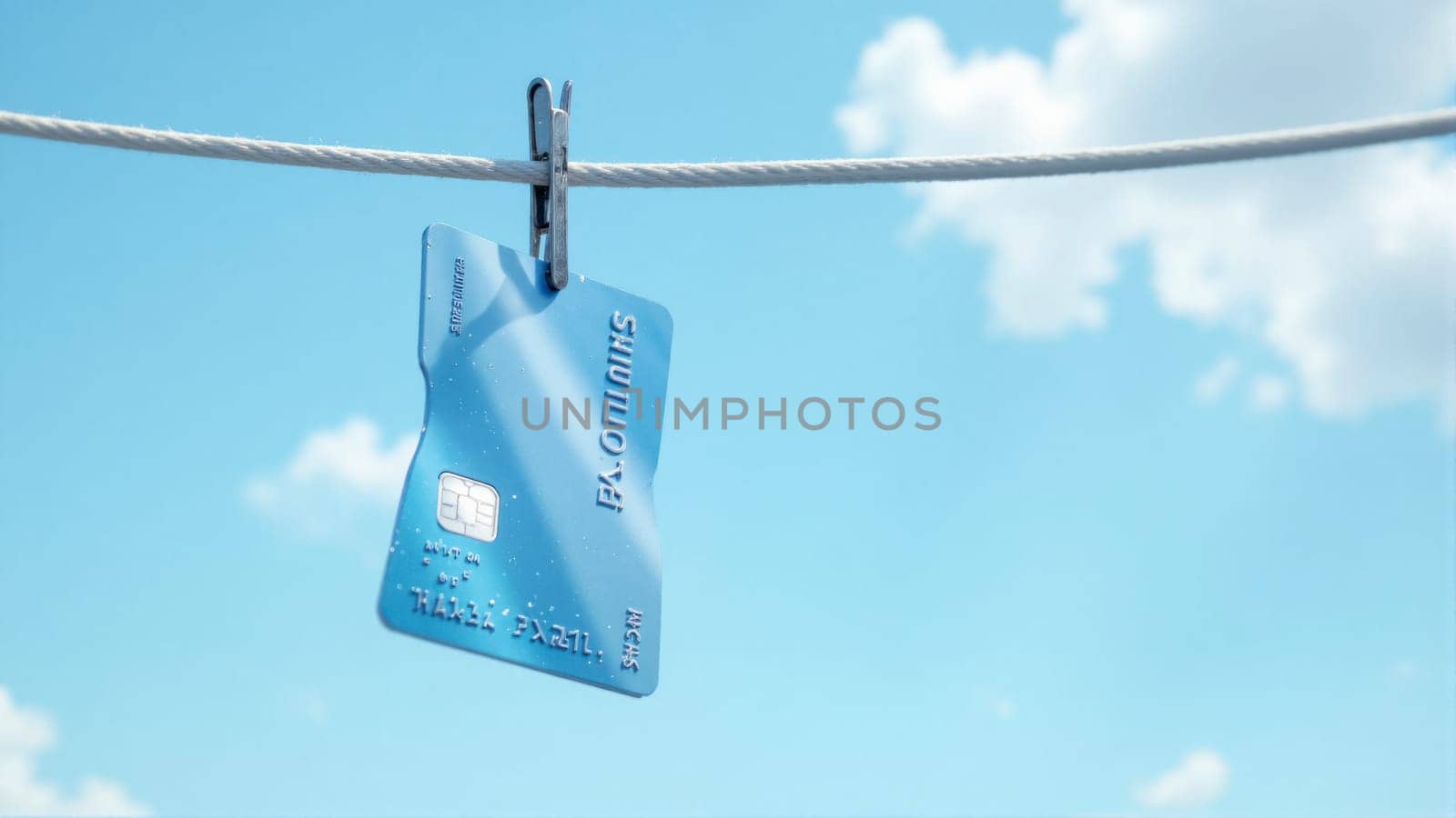 A blue credit card is hanging on a clothesline. The card is torn and has a watermark on it. Concept of vulnerability and the idea that the card has been damaged or compromised