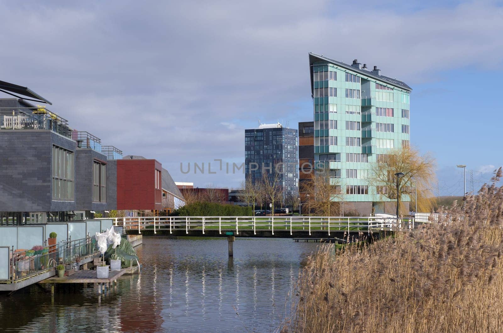 modern apartments and houses along a canal in Almere, netherlands