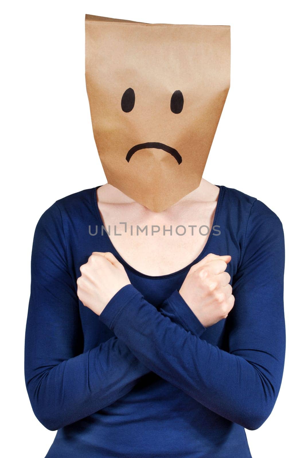 a sad looking person with hands on its body, isolated