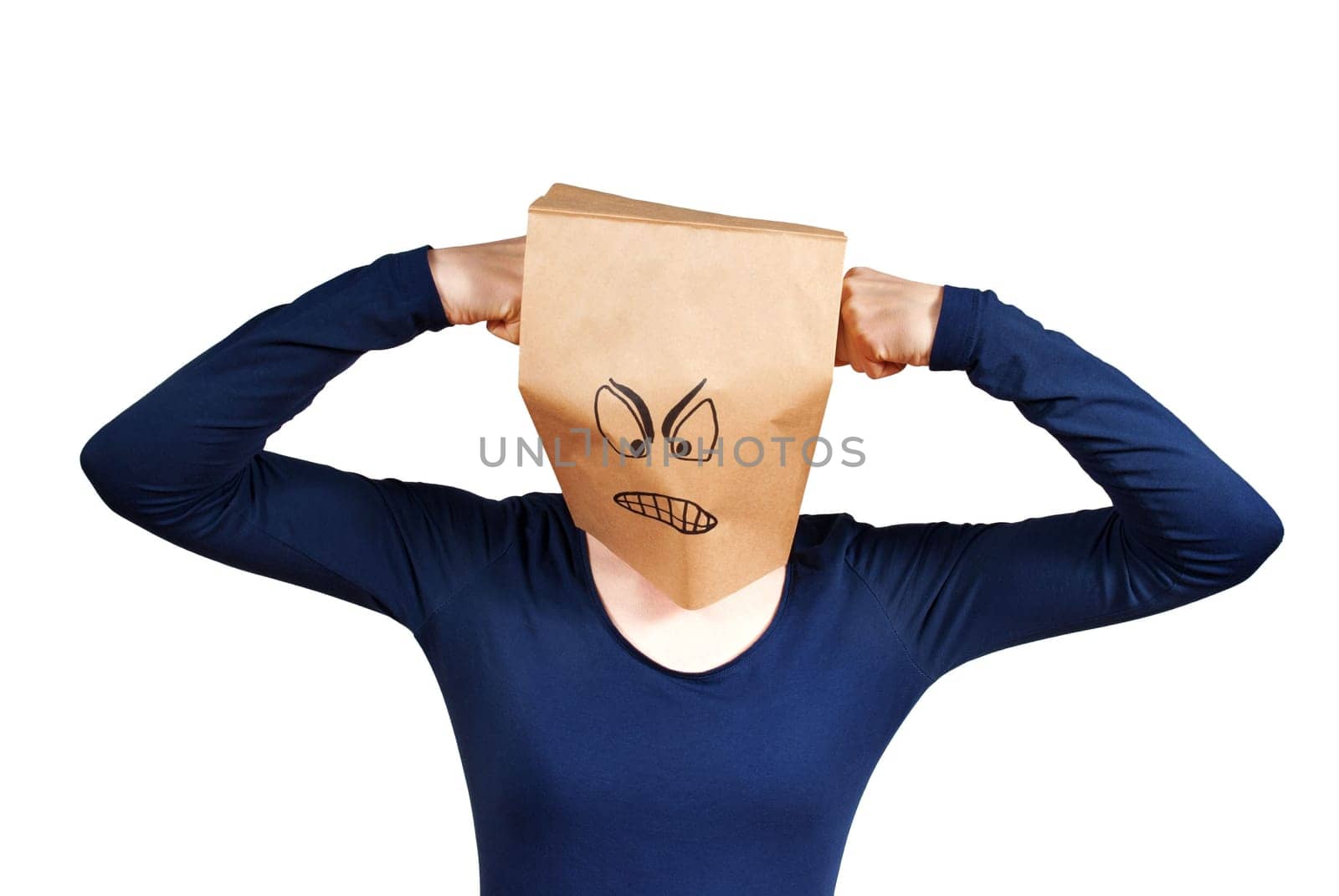 a person with a paper bag head punshing itself, isolated
