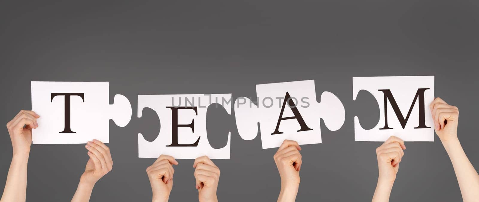 hands holding piecesof a puzzle building the word TEAM, gray background