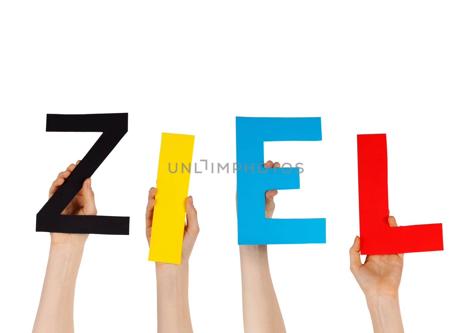some hands hold the german word ZIEL, isolated