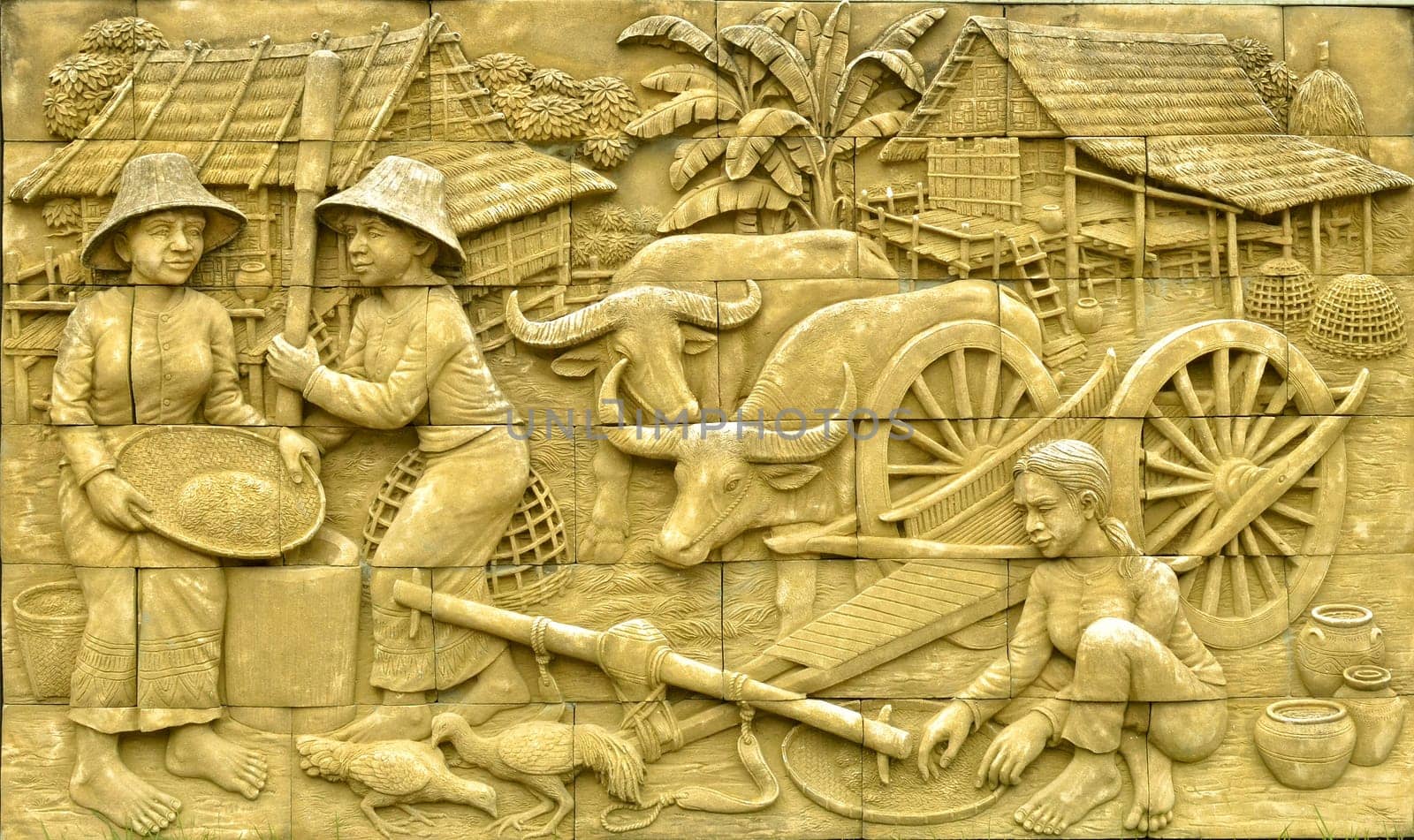 Native culture Thai stucco on the stone wall, Thailand