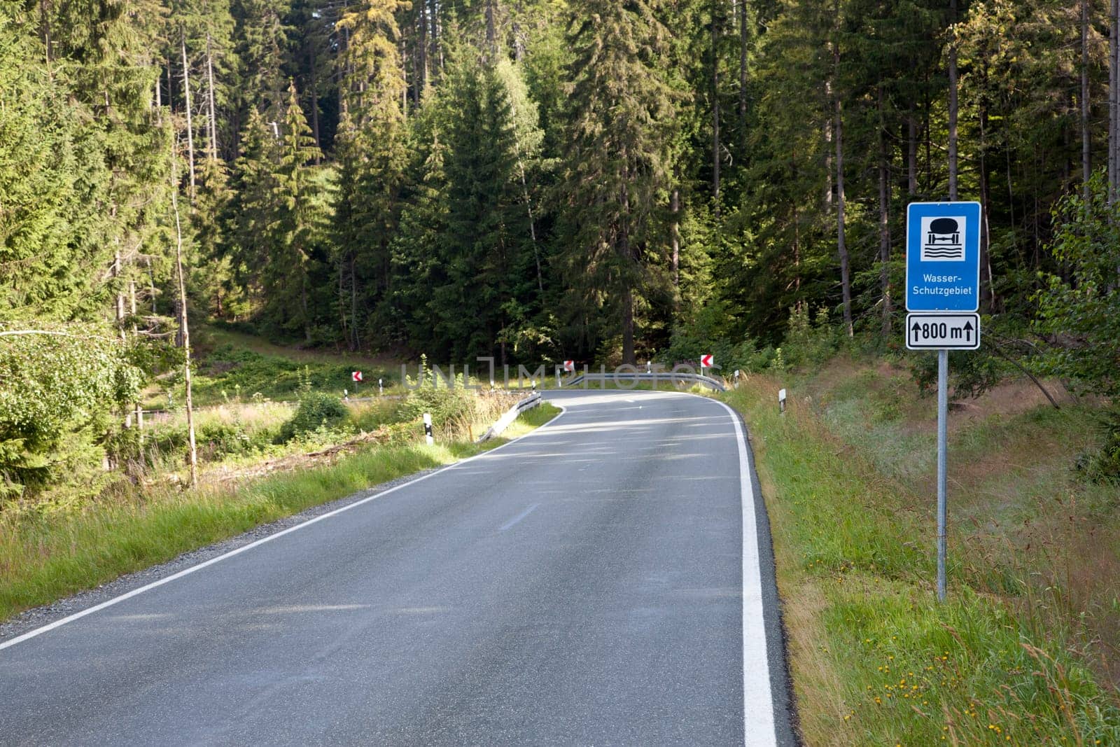 Water protection area on the Waldstein in the Fichtelgebirge in the forest with country road