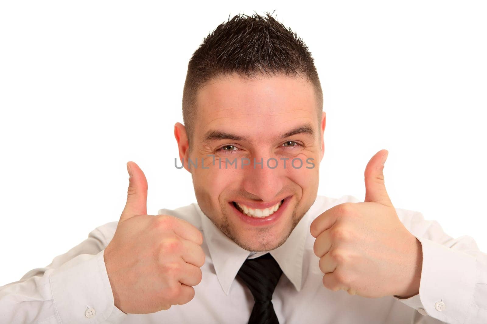 Portrait photo of a young man holding both thumbs up and smiling strongly