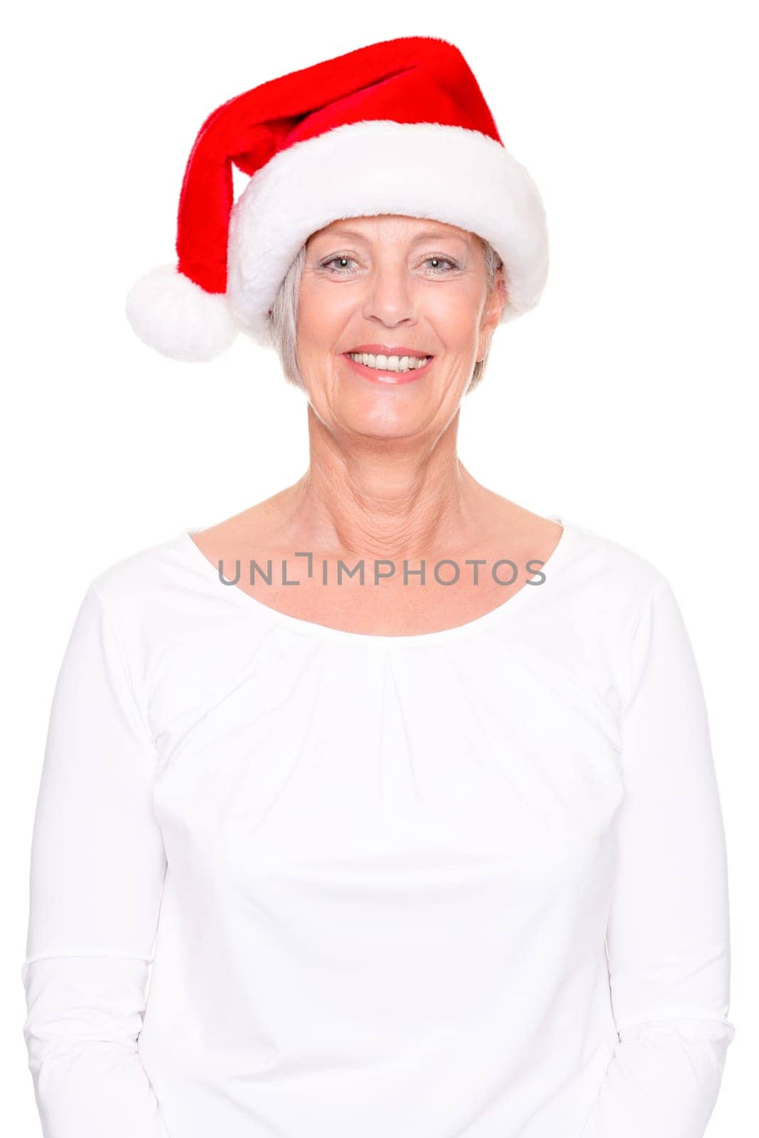 Senior woman with a Santa hat against a white background