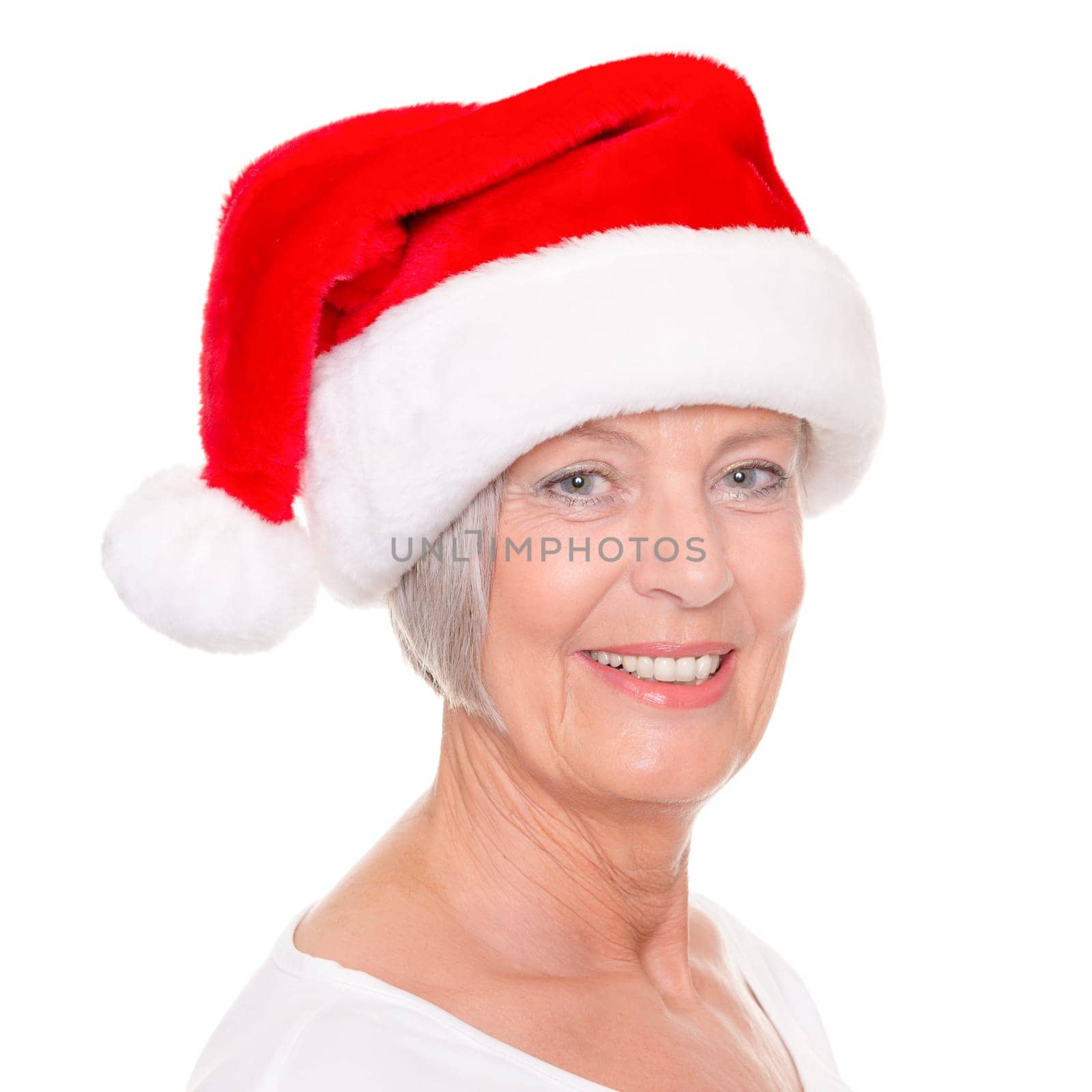 Senior woman with a Santa hat against a white background
