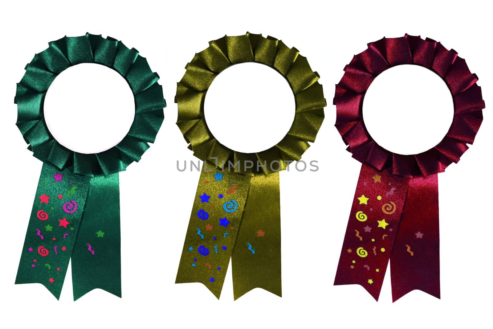 Three coloured empty rosettes on a white background