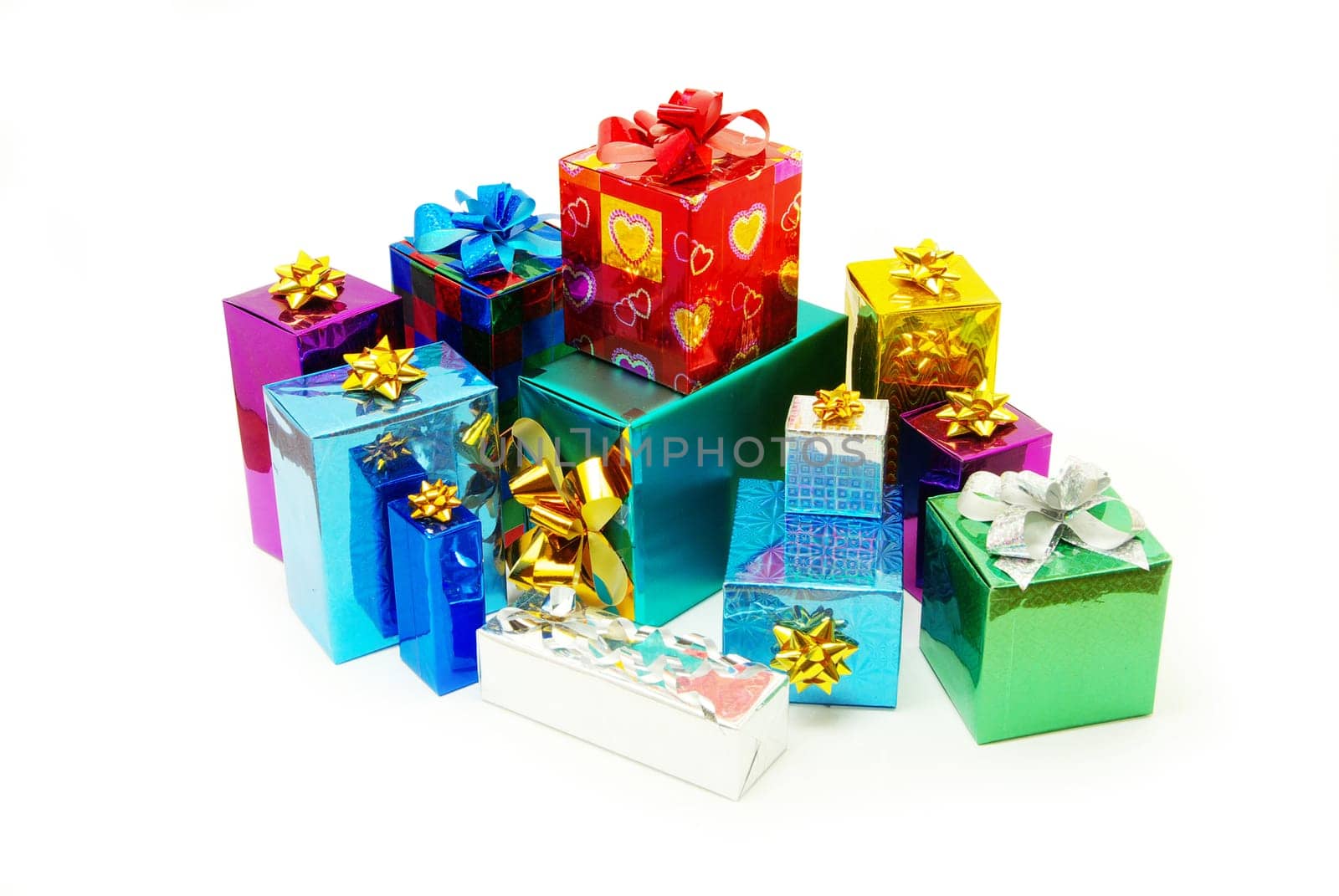 Christmas box gifts with satin bow isolated on white background