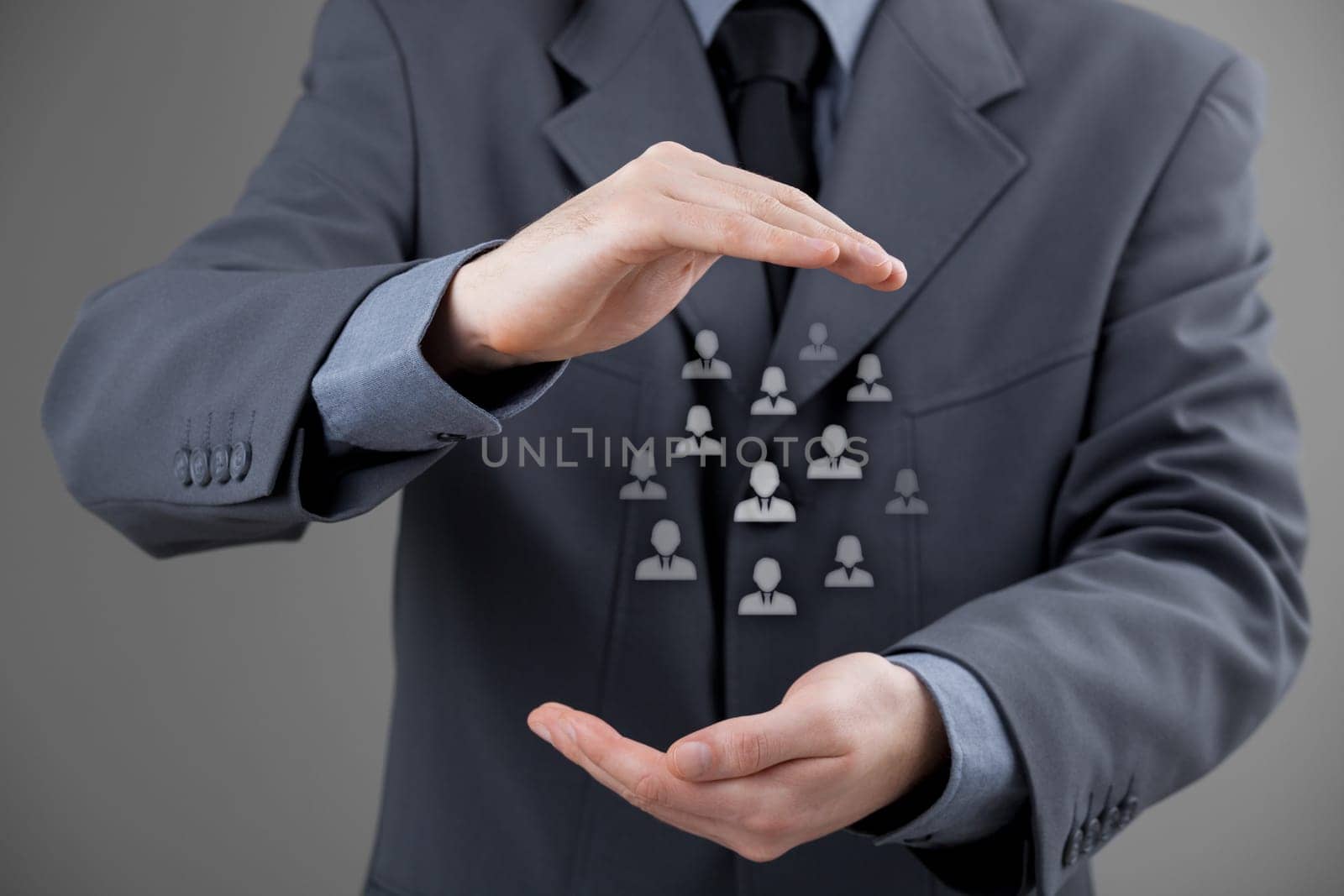 Customer care, care for employees, labor union, life insurance and marketing segmentation concepts. Protecting gesture of businessman or personnel and icons representing group of people.