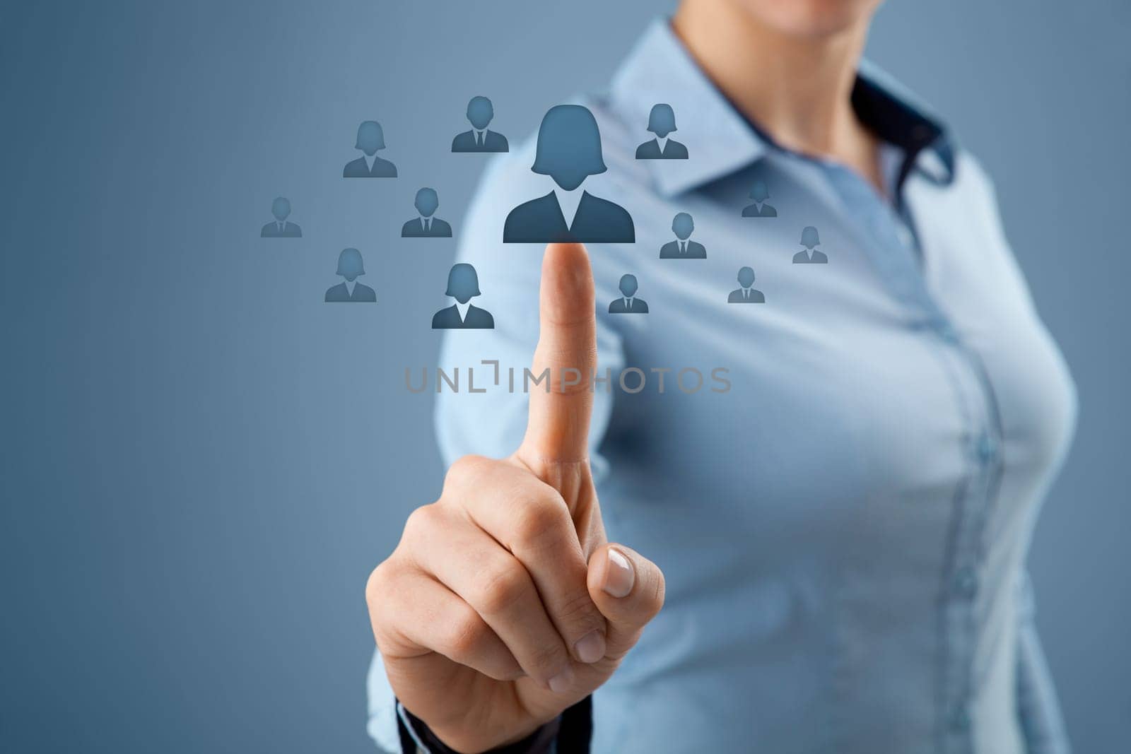 Woman human resources officer realize gender equality by choosing woman employee. Women in business, CRM, data mining and gender equality quotes concept also.