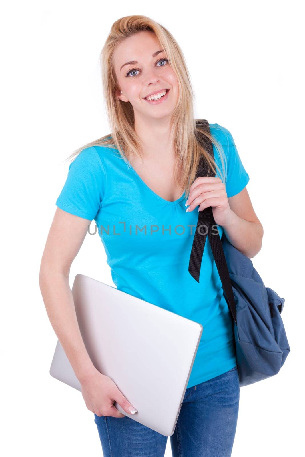 Young caucasian student  girl holding a laptop, isolated on white background - Caucasian people
