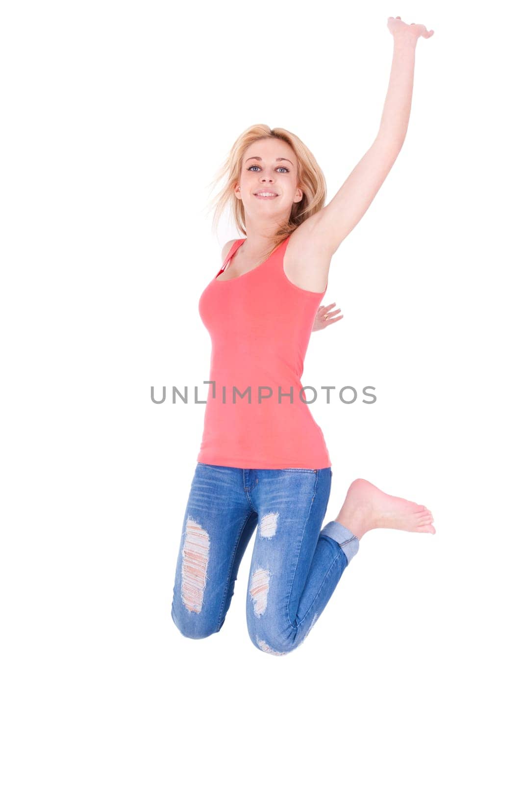 Young happy caucasian teenage girl jumping, isolated on white background  - Caucasian people