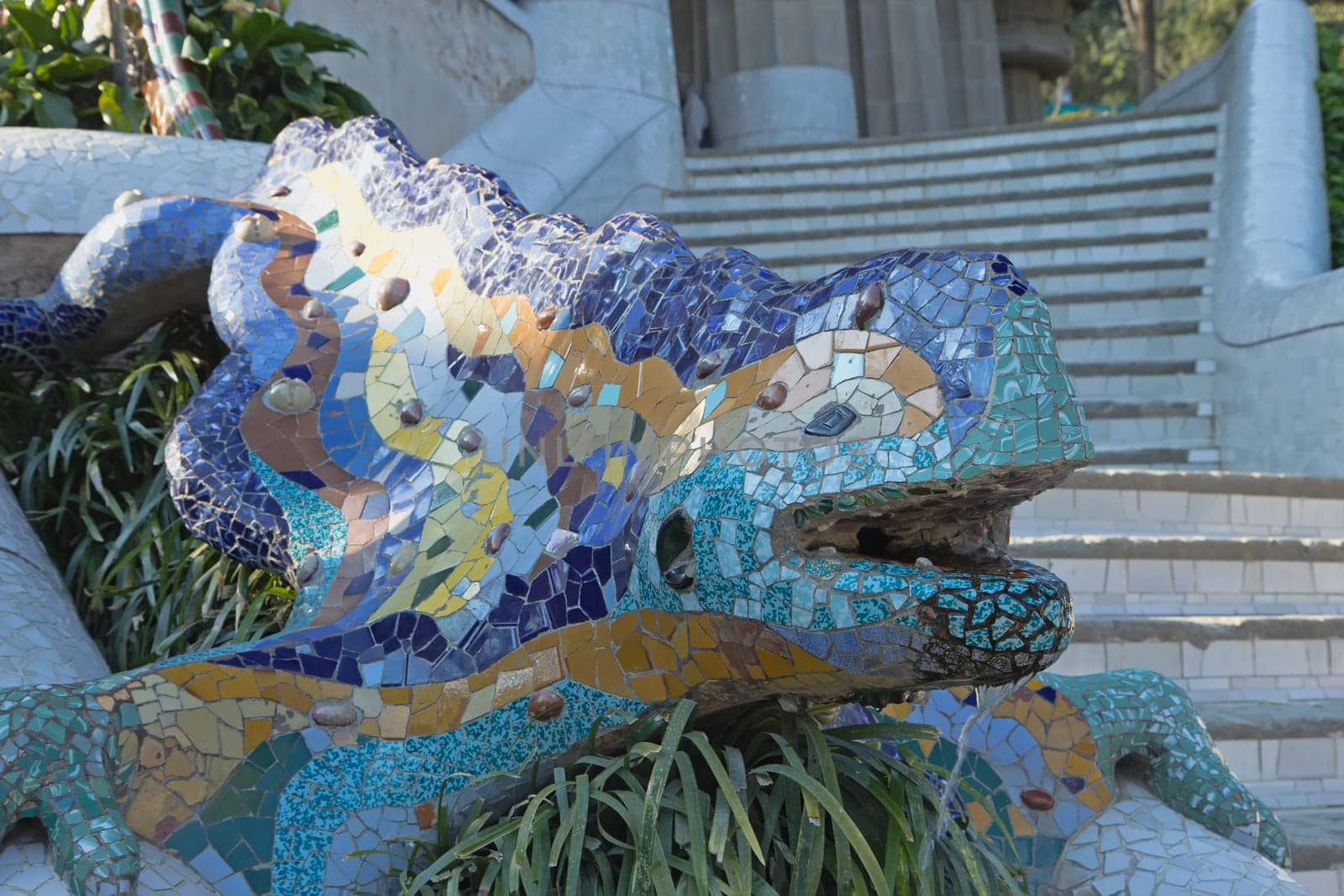 Details of the ceramic dragon fountain at Parc Guell in Barcelona (Catalunya, Spain)