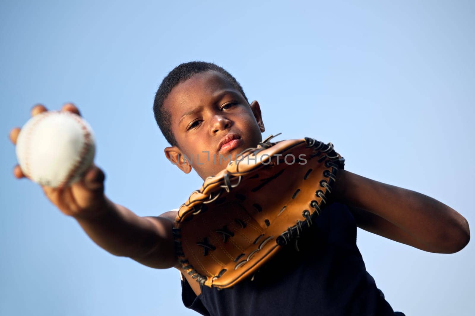 Sport, baseball and kids, portrait of child with glove holding ball and looking at camera