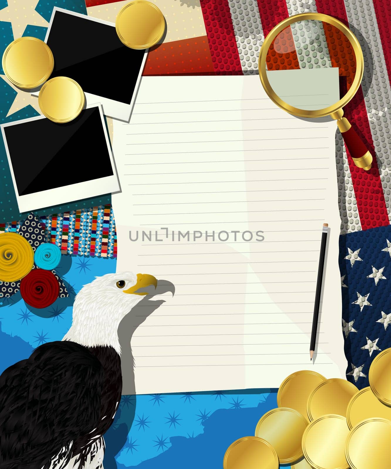 USA frame, collage with american eagle and various objects.