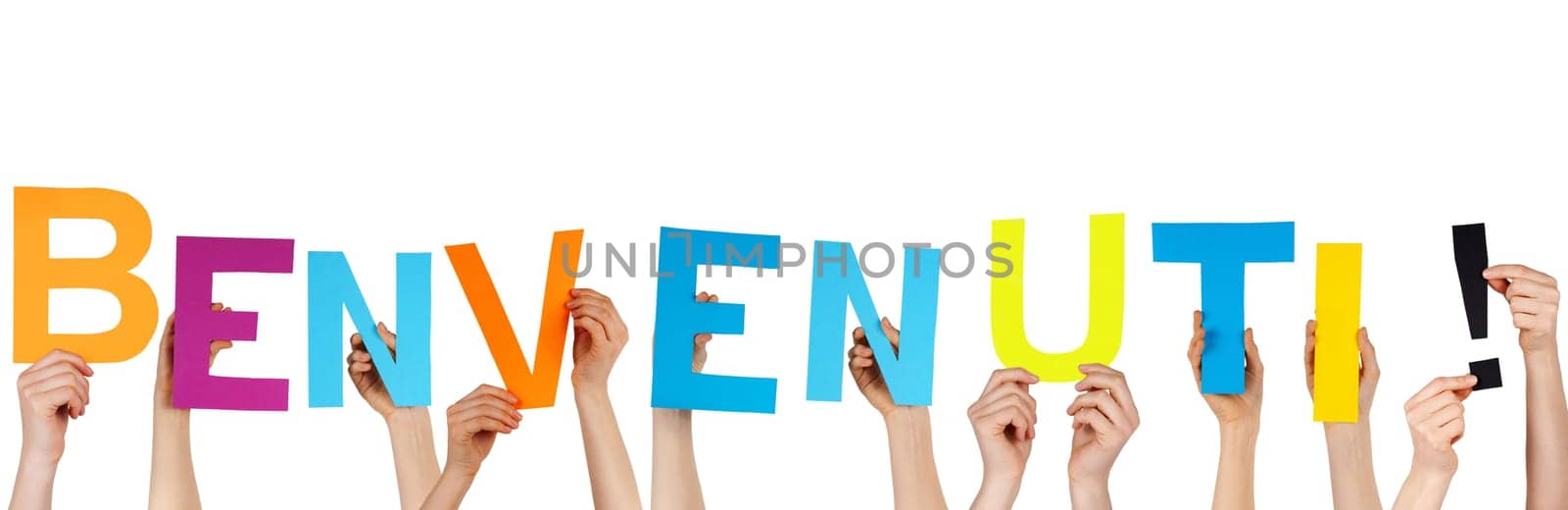 hands holding the italian word BENVENUTI! which meands welcome, isolated
