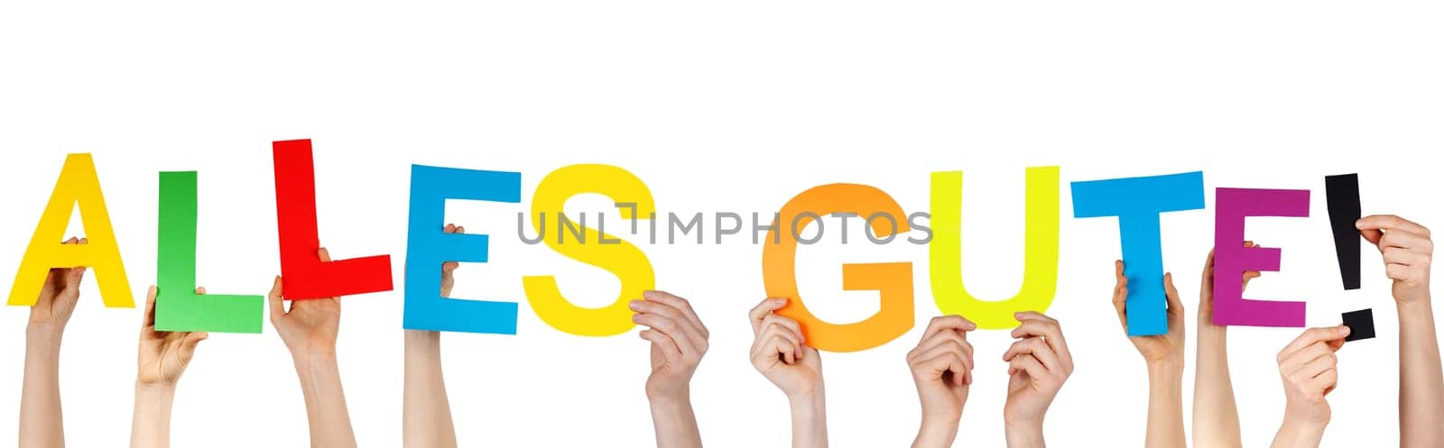 hands holding the german word ALLES GUTE! which means congratulations/best wishes, isolated