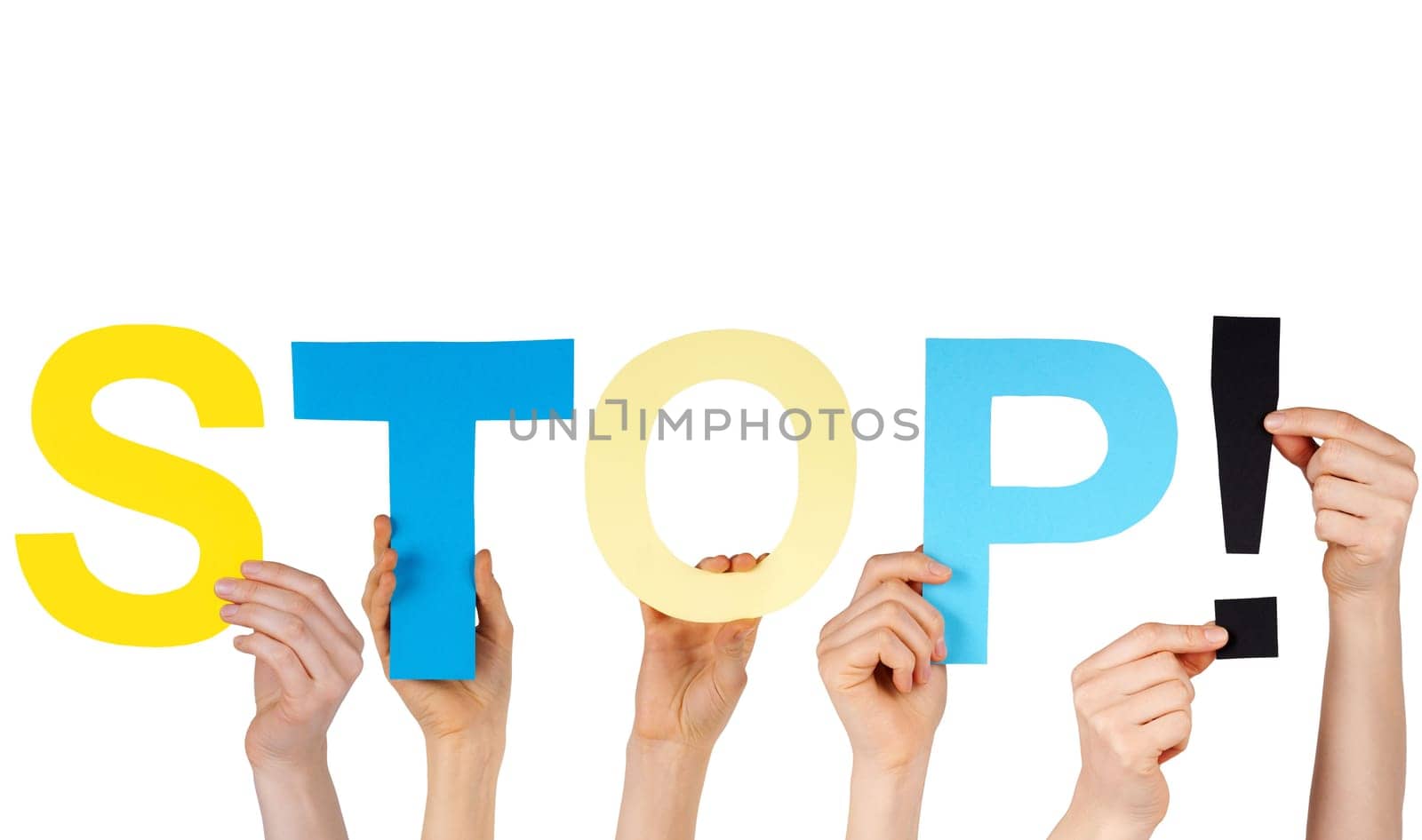 hands holding letters building the word STOP!, isolated