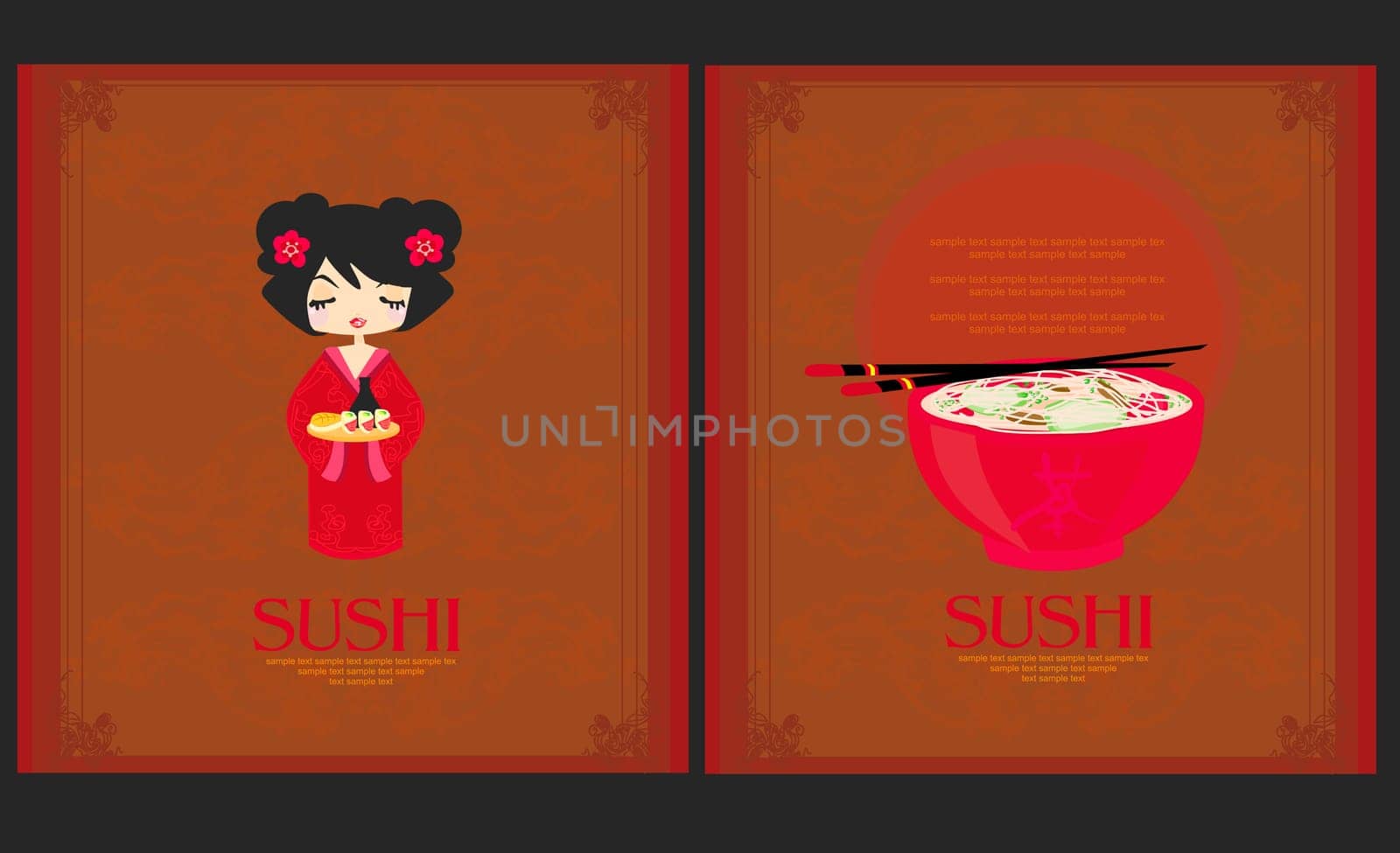 beautiful Asian girl enjoy sushi - menu template