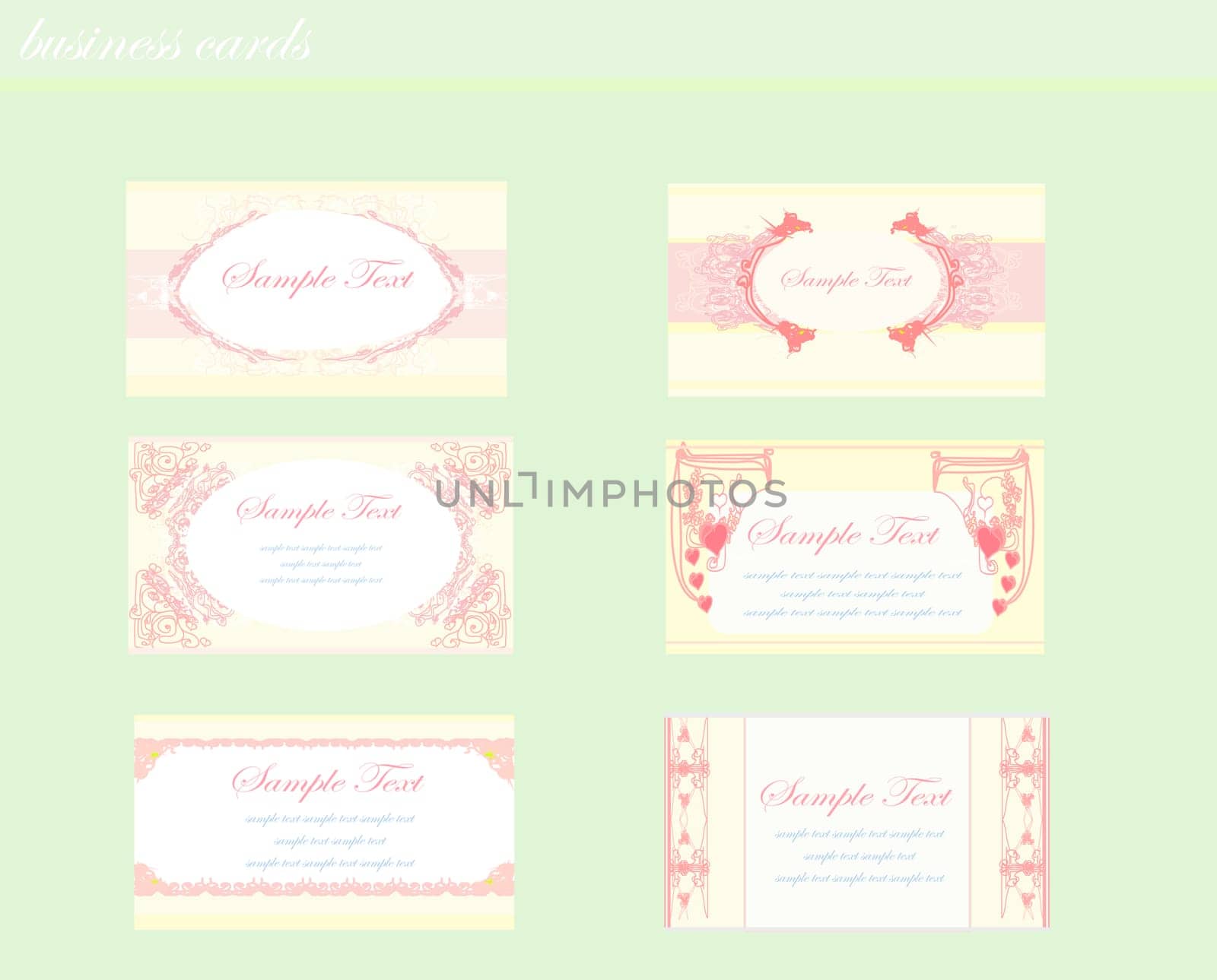 Collection colored business card set wedding texture text