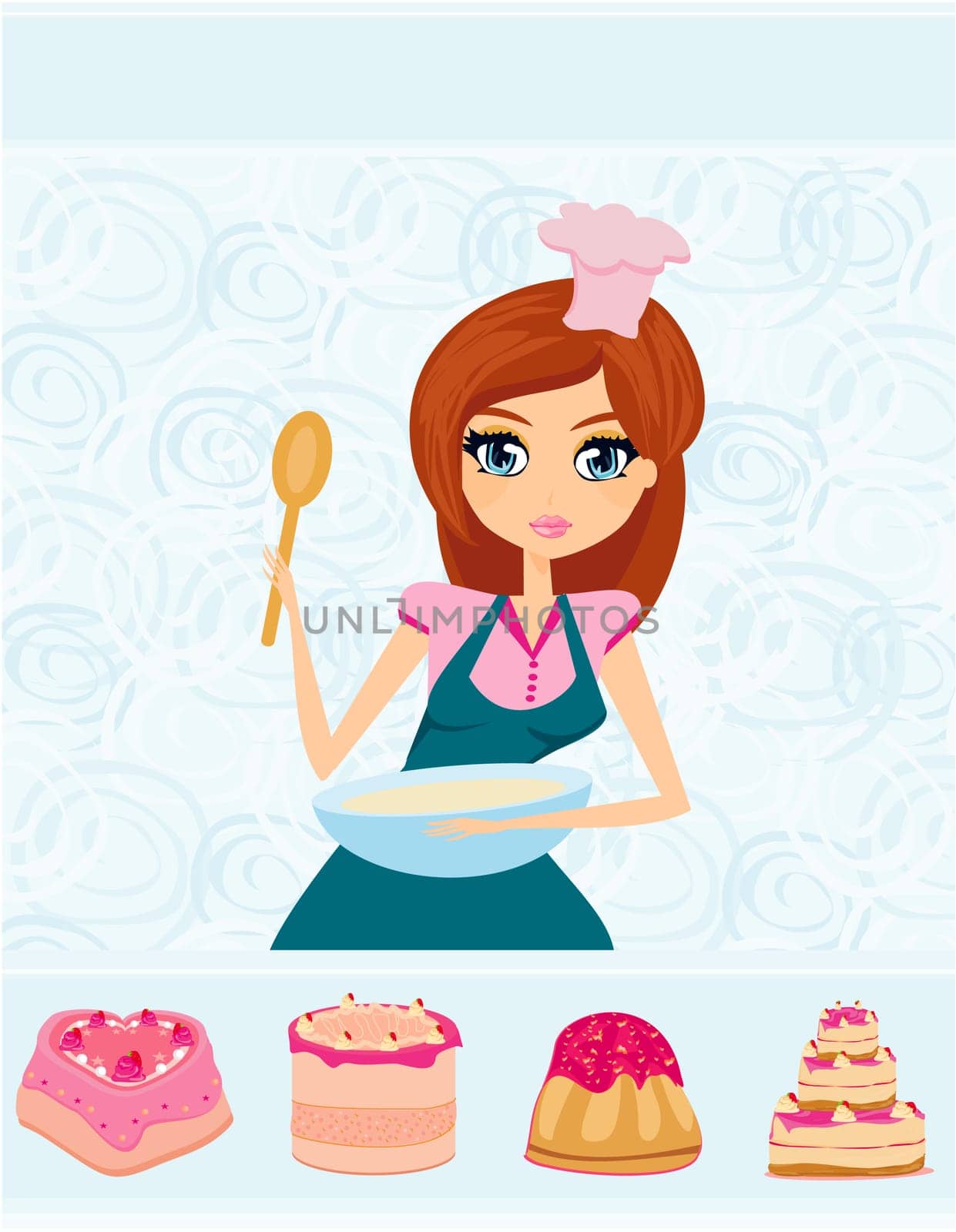Beautiful lady cooking cakes in the kitchen