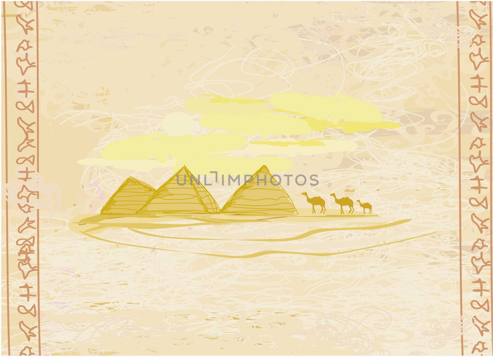 old paper with pyramids giza ond camel