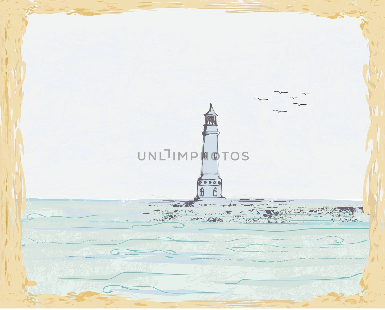 lighthouse seen from a tiny beach - Grunge Poster