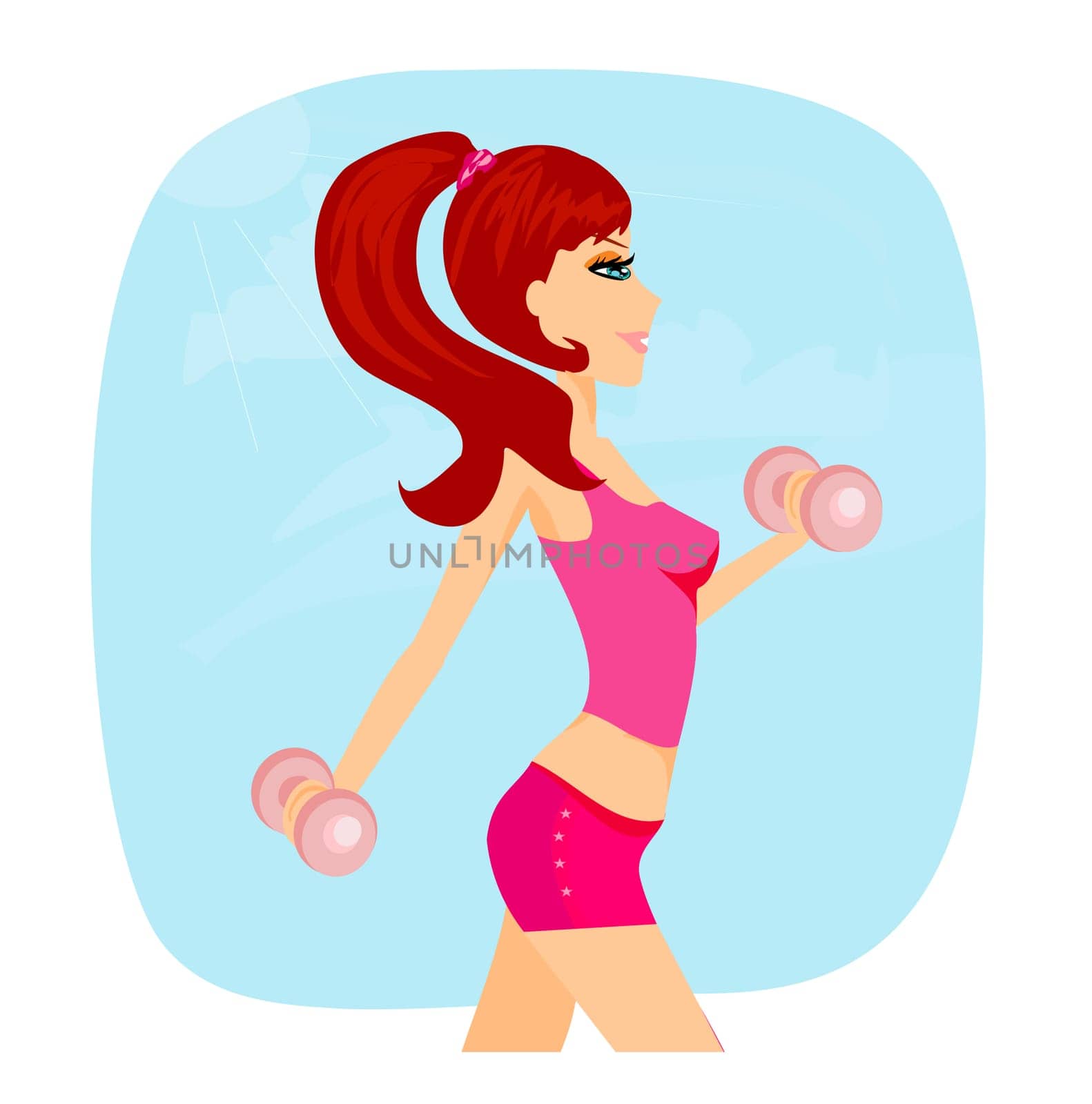 fit brunette woman exercising with two dumbbell weights on her hands
