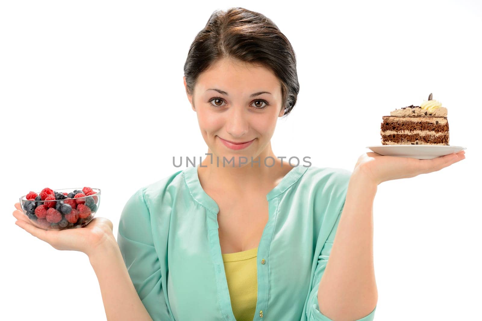 Concept of healthy nutrition woman posing as scale