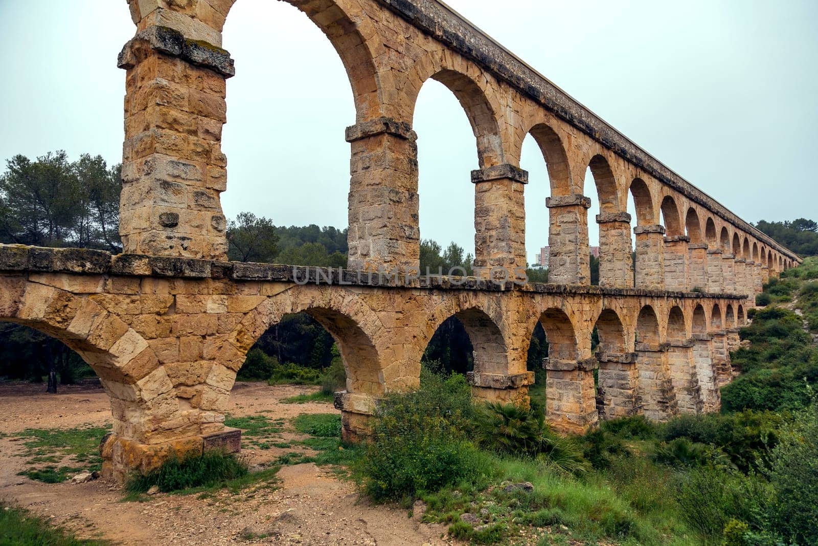 view of the roman aqueduct Pont del Diable, Tarragona, Spain