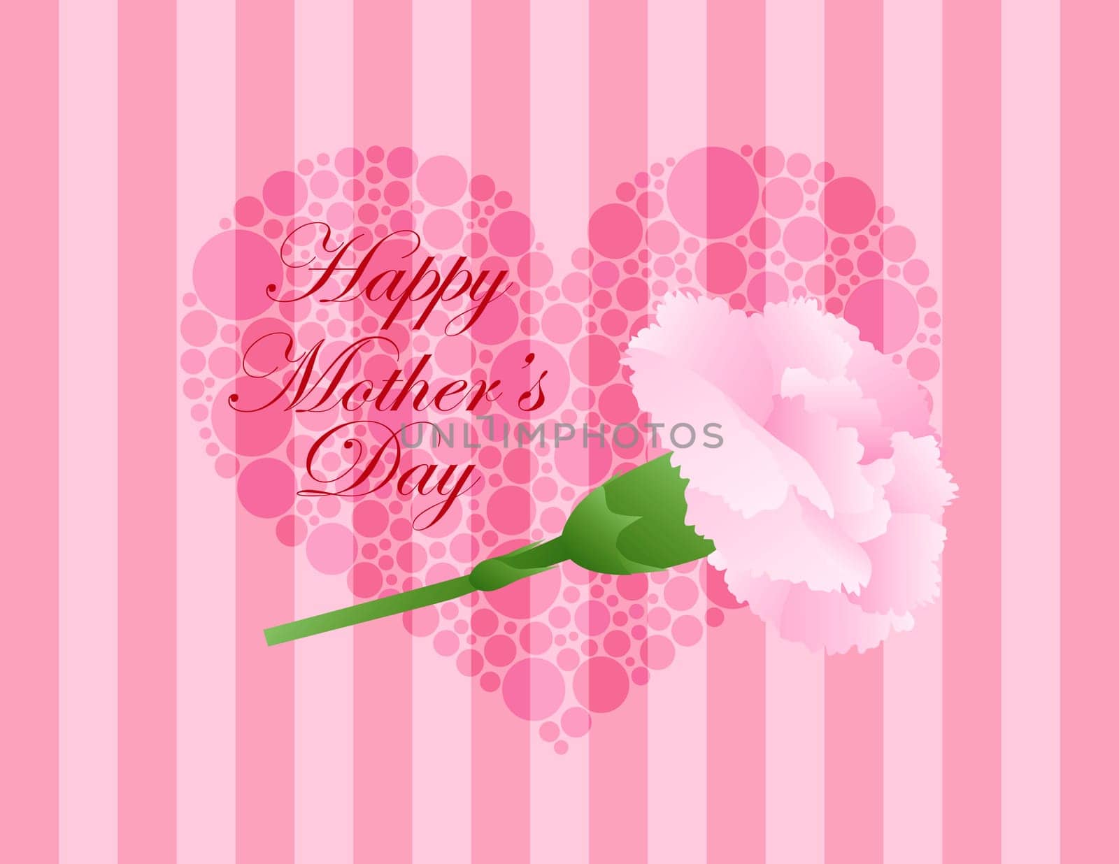 Happy Mothers Day Pink Carnation Flower with Green Stalk and Polka Dots Heart on Pink Stripes Background Illustration
