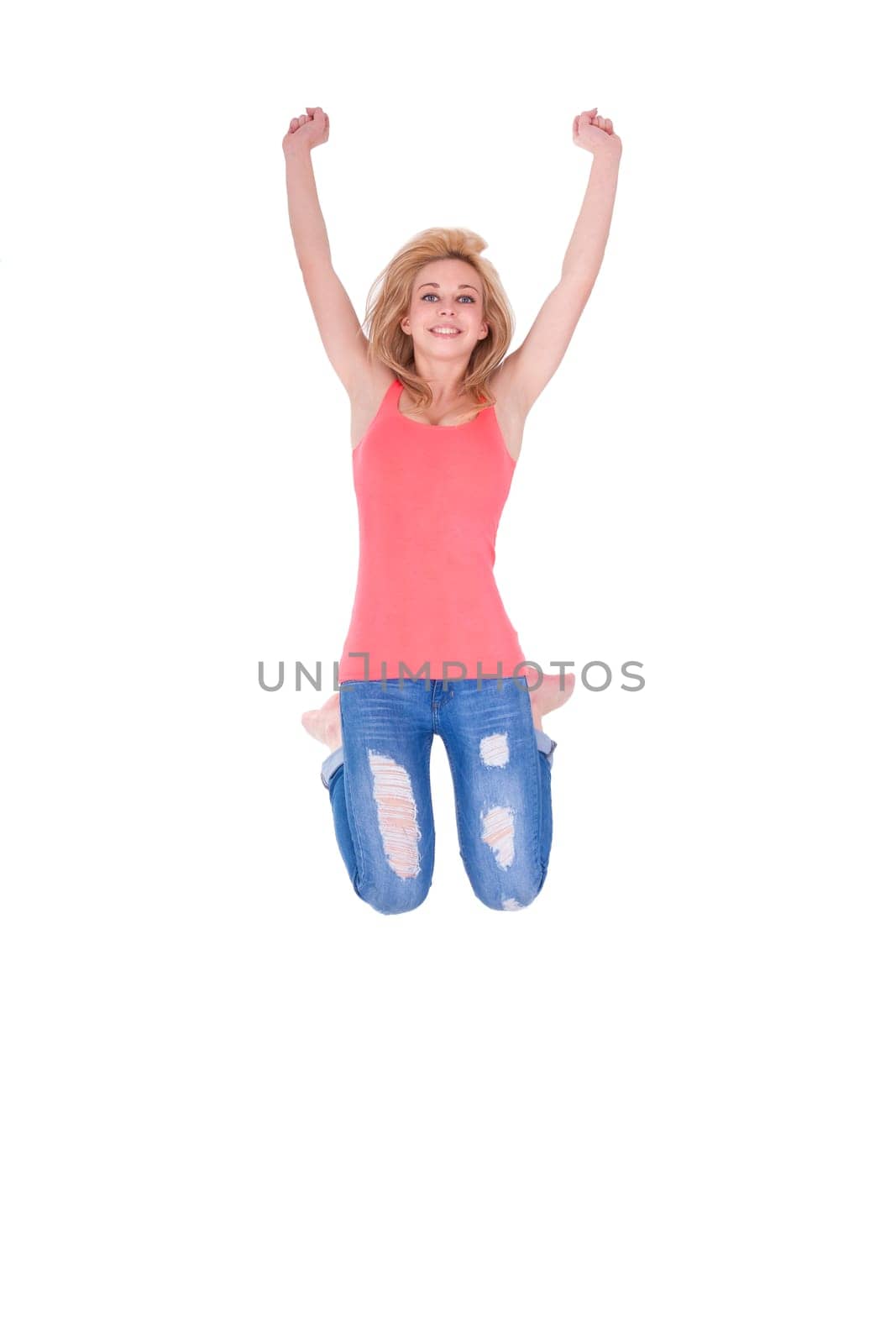 Young happy caucasian teenage girl jumping, isolated on white background  - Caucasian people