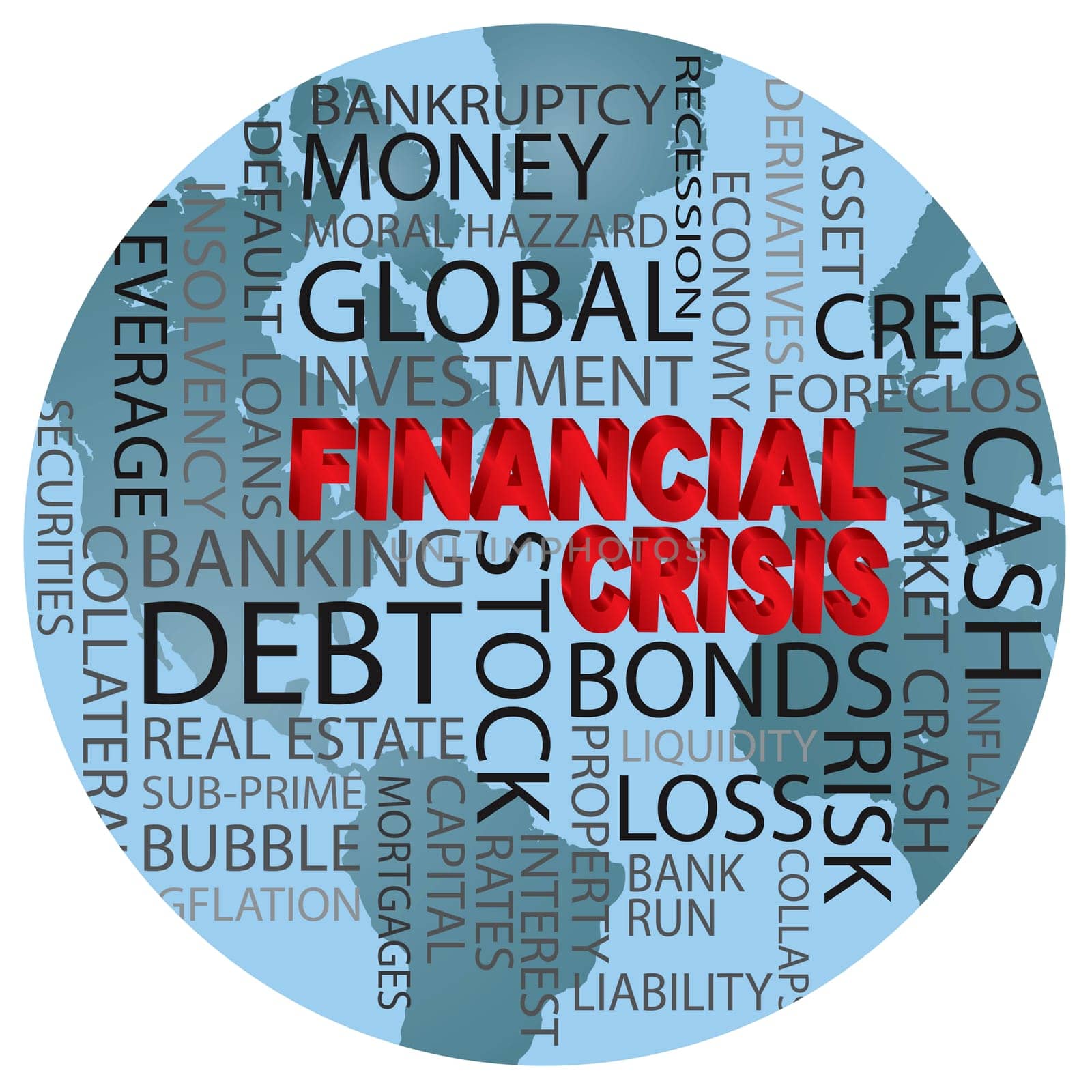 World Financial Crisis 3D in Red Word Cloud Illustration in World Globe Background