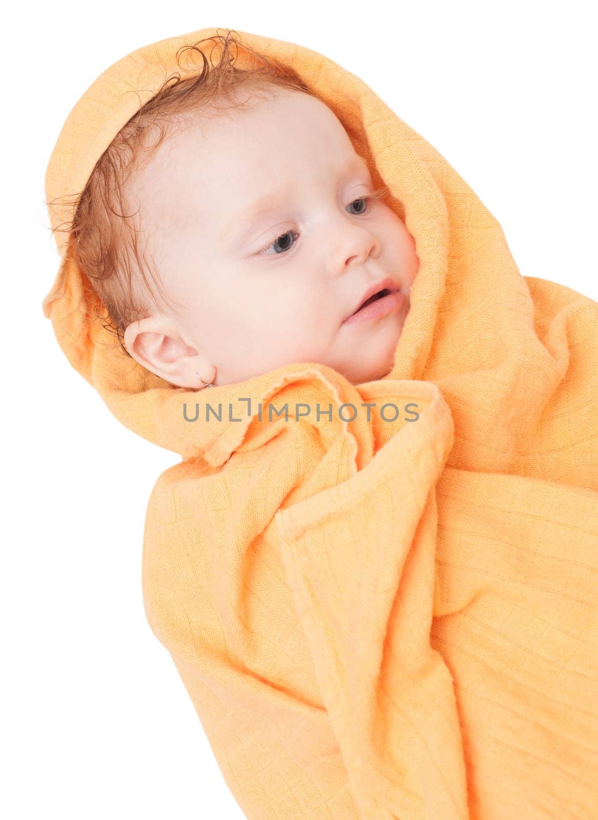 Cute Baby Girl After Bath - In Orange Towel - Isolated on White Background