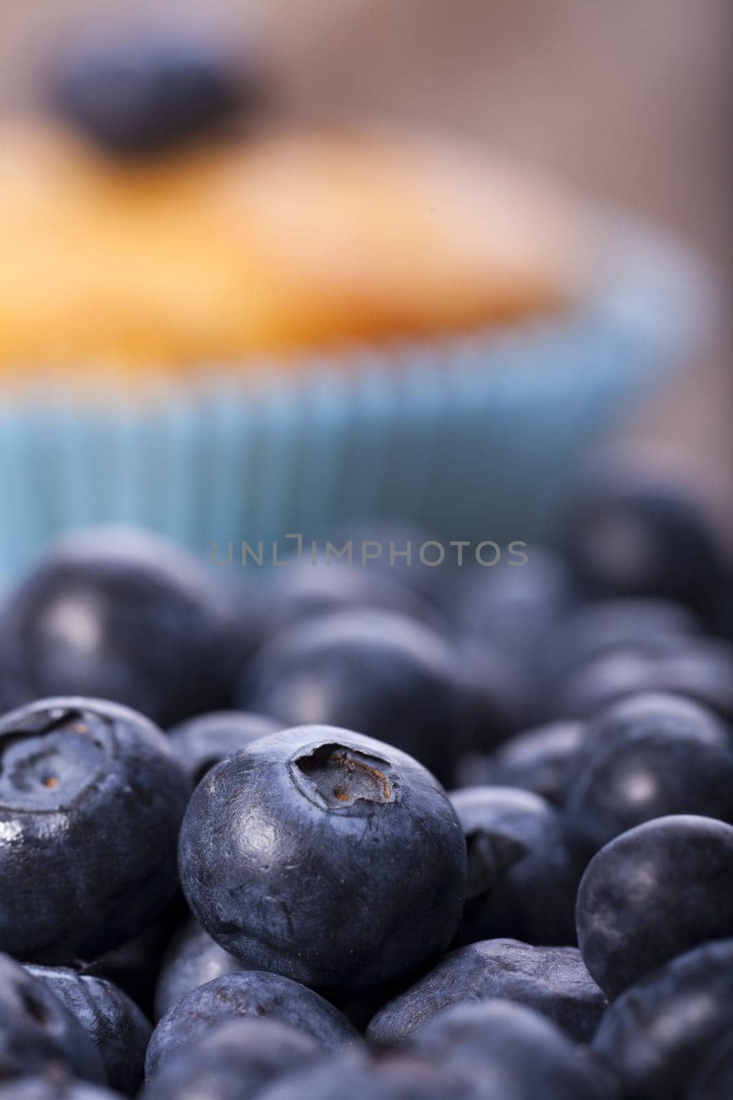 Blueberry muffin blurred lies in front of many fresh blueberries