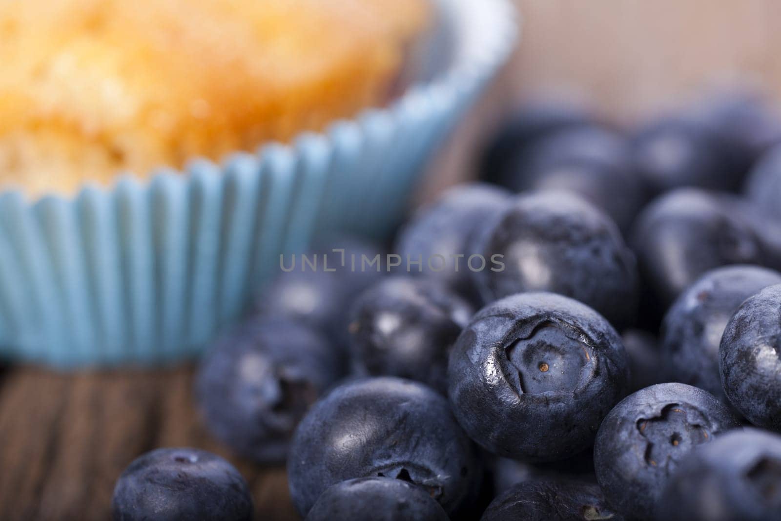 Blueberry muffin blurred lies in front of many fresh blueberries