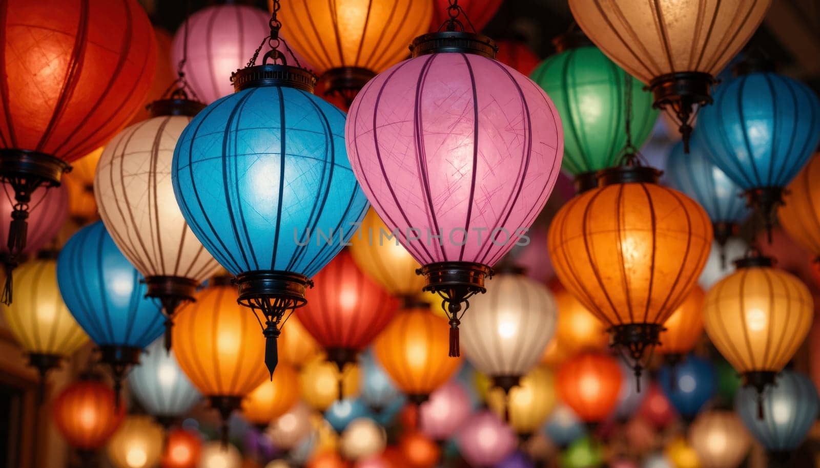 A row of colorful lanterns hanging from the ceiling. The lanterns are of different colors and sizes, creating a vibrant and lively atmosphere