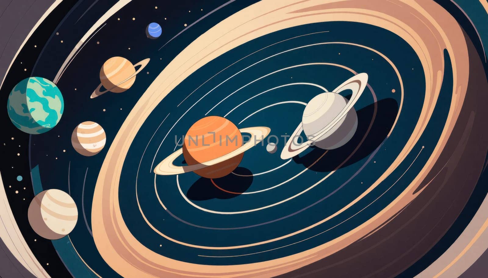 A close up of the planets in the solar system. The sun is in the center and the planets are arranged in a circle