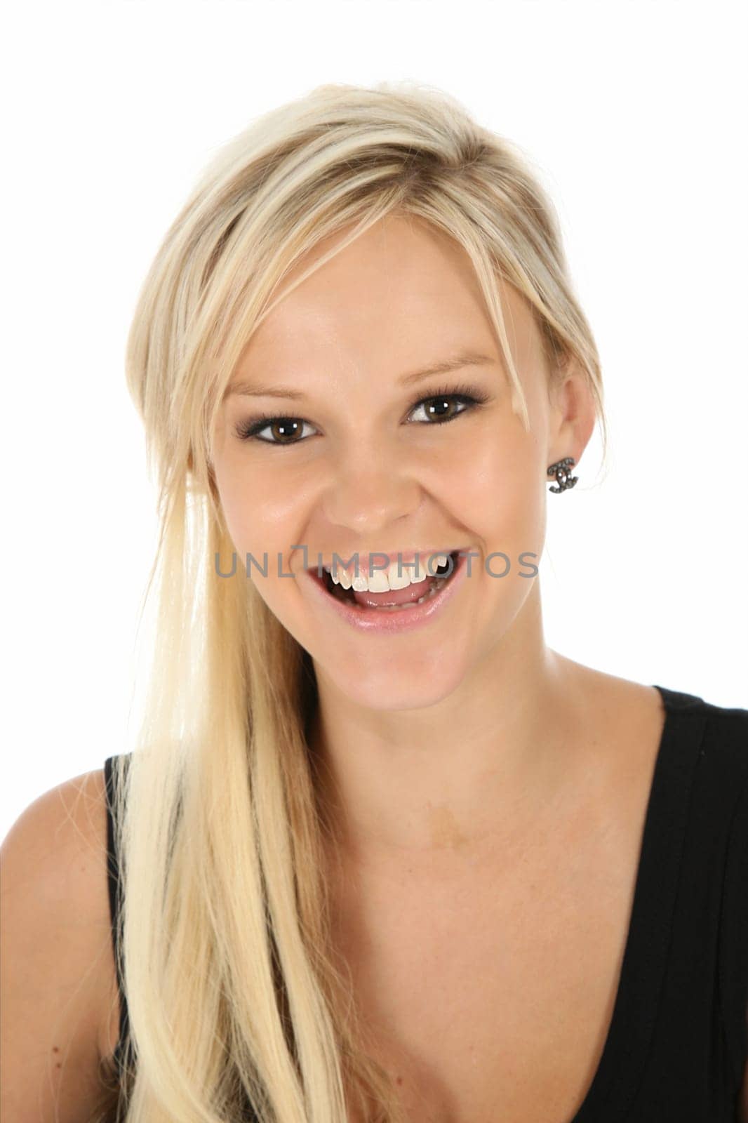 Gorgeous laughing blonde woman in black top